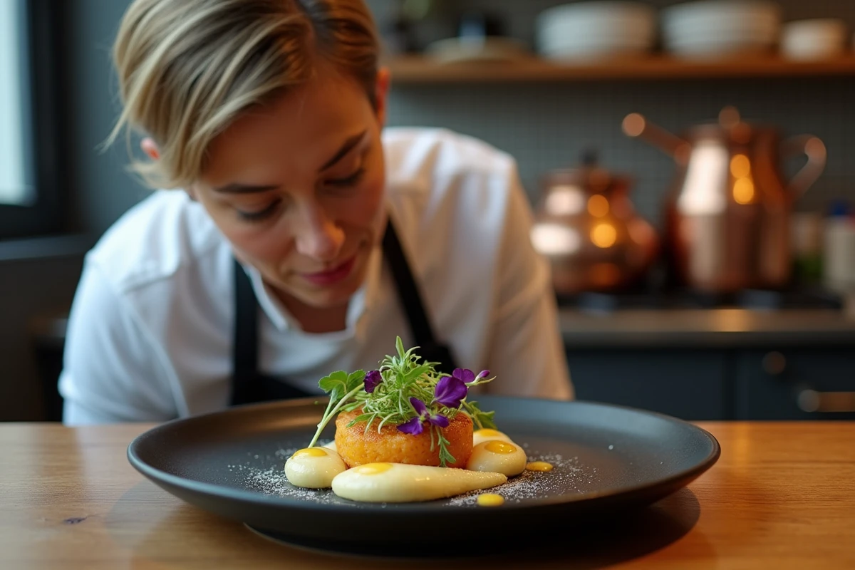Cheffe cuisinière lyonnaise présentant un plat gastronomique créatif et artistiquement dressé dans son restaurant