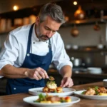 Chef français en cuisine moderne dressant une paupiette de veau