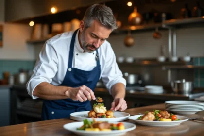 Chef français en cuisine moderne dressant une paupiette de veau