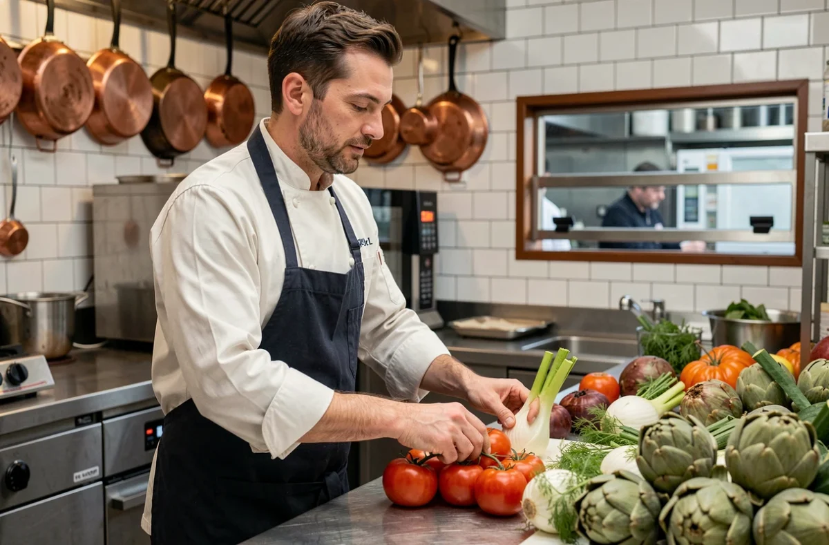 Chef cuisinier préparant des produits frais locaux en cuisine dans un restaurant bistronomique au Lac de Bordeaux