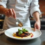 Chef professionnel dressant élégamment un plat d'aubergines rôties garni de basilic frais et de graines de grenade dans une cuisine de restaurant gastronomique