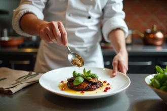 Chef professionnel dressant élégamment un plat d'aubergines rôties garni de basilic frais et de graines de grenade dans une cuisine de restaurant gastronomique