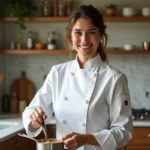 Femme en cuisine avec sauce aux porcini
