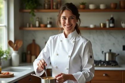 Femme en cuisine avec sauce aux porcini