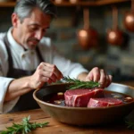 Chef professionnel préparant une marinade au vin rouge pour du chevreuil avec des herbes aromatiques dans une cuisine rustique