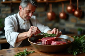 Chef professionnel préparant une marinade au vin rouge pour du chevreuil avec des herbes aromatiques dans une cuisine rustique