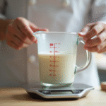 Chef pâtissier mesurant du lait dans un verre doseur lumineux