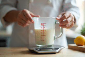 Chef pâtissier mesurant du lait dans un verre doseur lumineux