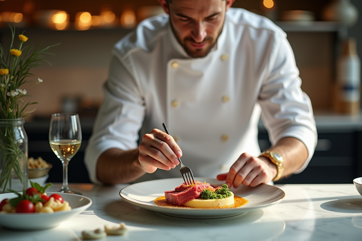 Chef en cuisine haut de gamme préparant des ingrédients rares