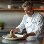 Chef français en cuisine moderne dressant un plat de veau rein avec sauce