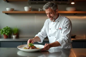 Chef français en cuisine moderne dressant un plat de veau rein avec sauce