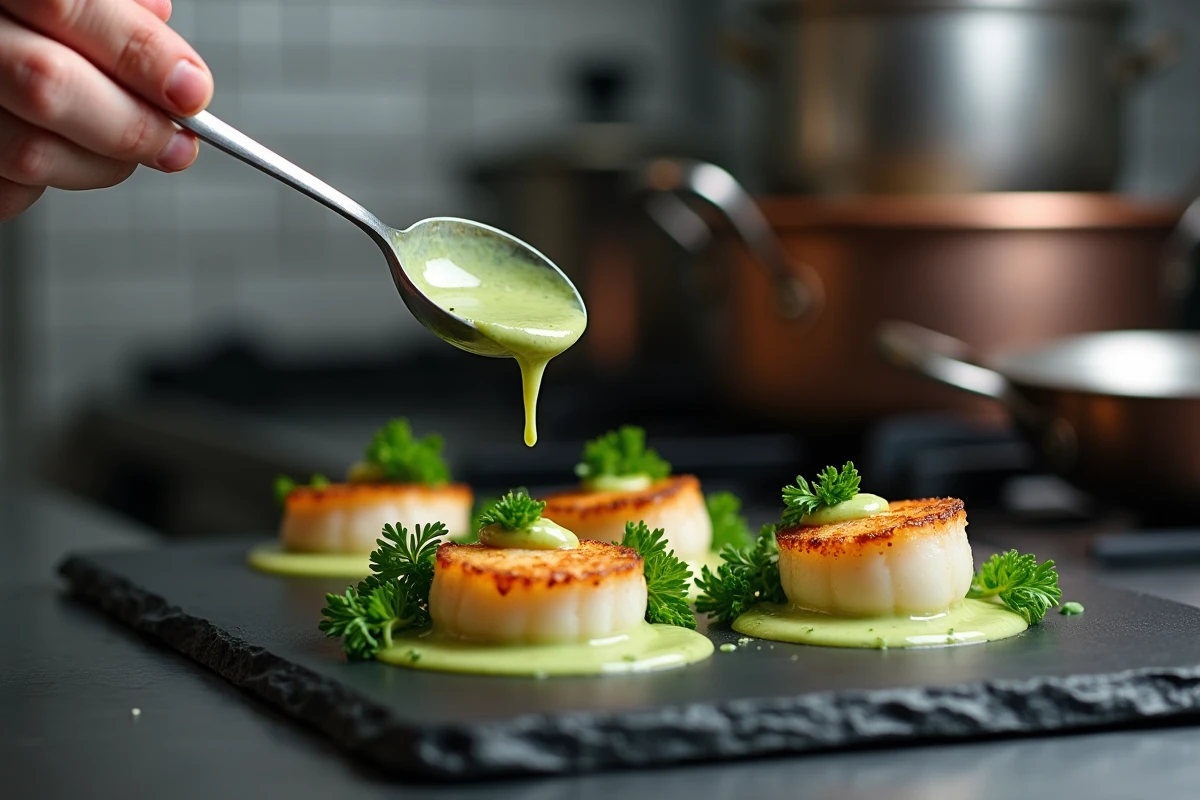 Chef versant une sauce verte persillée sur des noix de Saint-Jacques dans une cuisine de restaurant