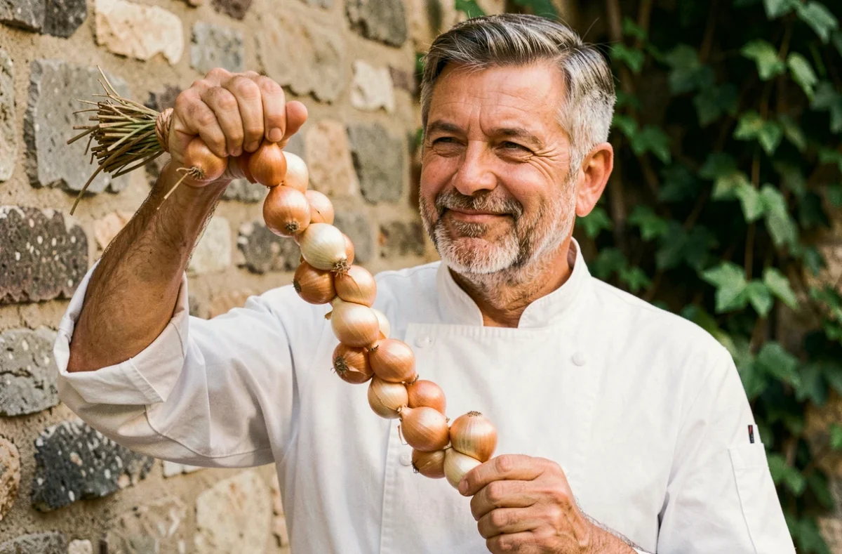 Chef cuisinier tenant une tresse d'oignons traditionnelle devant un mur en pierre lors d'une célébration culinaire française