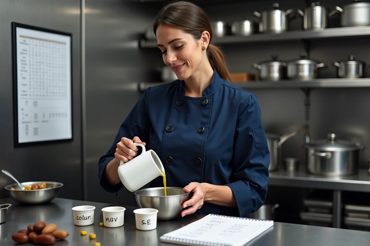 Cheffe cuisinière versant de l'huile d'olive depuis un verre doseur en consultant un tableau de conversion grammes centilitres dans une cuisine professionnelle