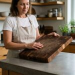 Femme inspectant une planche à découper en bois bout dans une cuisine moderne