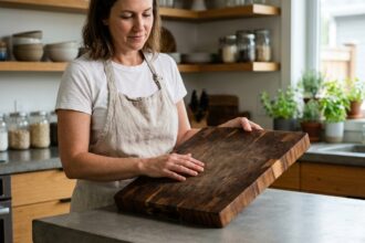 Femme inspectant une planche à découper en bois bout dans une cuisine moderne