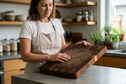 Femme inspectant une planche à découper en bois bout dans une cuisine moderne