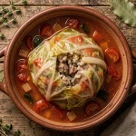 Chou farci fondant mijoté dans une cocotte rustique avec bouillon de légumes et herbes fraîches, servi dans un plat en céramique sur table en bois