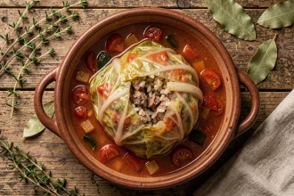 Chou farci fondant mijoté dans une cocotte rustique avec bouillon de légumes et herbes fraîches, servi dans un plat en céramique sur table en bois