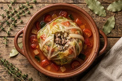 Chou farci fondant mijoté dans une cocotte rustique avec bouillon de légumes et herbes fraîches, servi dans un plat en céramique sur table en bois
