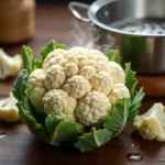 Chou-fleur entier frais posé sur un plan de travail en bois avec un panier vapeur en inox, prêt à être cuit à la vapeur douce pour préserver ses vitamines