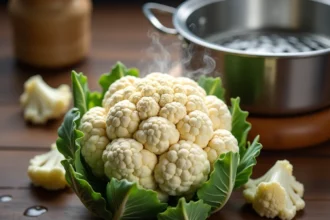 Chou-fleur entier frais posé sur un plan de travail en bois avec un panier vapeur en inox, prêt à être cuit à la vapeur douce pour préserver ses vitamines