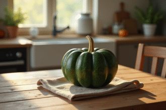 Citrouille verte fraîche sur une table en bois lumineuse