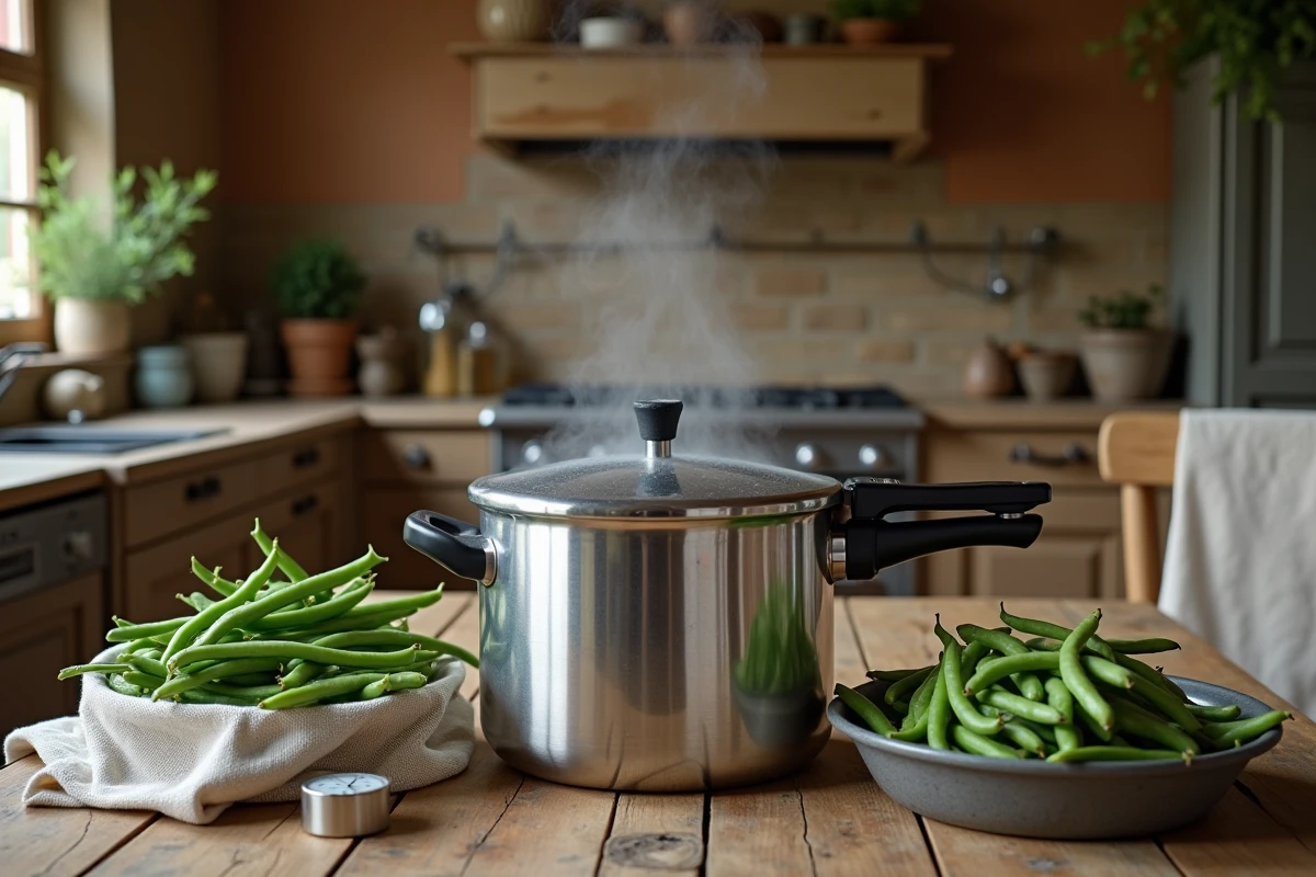 Cocotte minute fermée avec des haricots verts crus et un minuteur sur une table de cuisine rustique