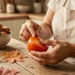 Femme épluchant un kaki mûr à la chair orange translucide sur une table en bois rustique dans une cuisine chaleureuse
