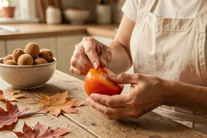 Femme épluchant un kaki mûr à la chair orange translucide sur une table en bois rustique dans une cuisine chaleureuse