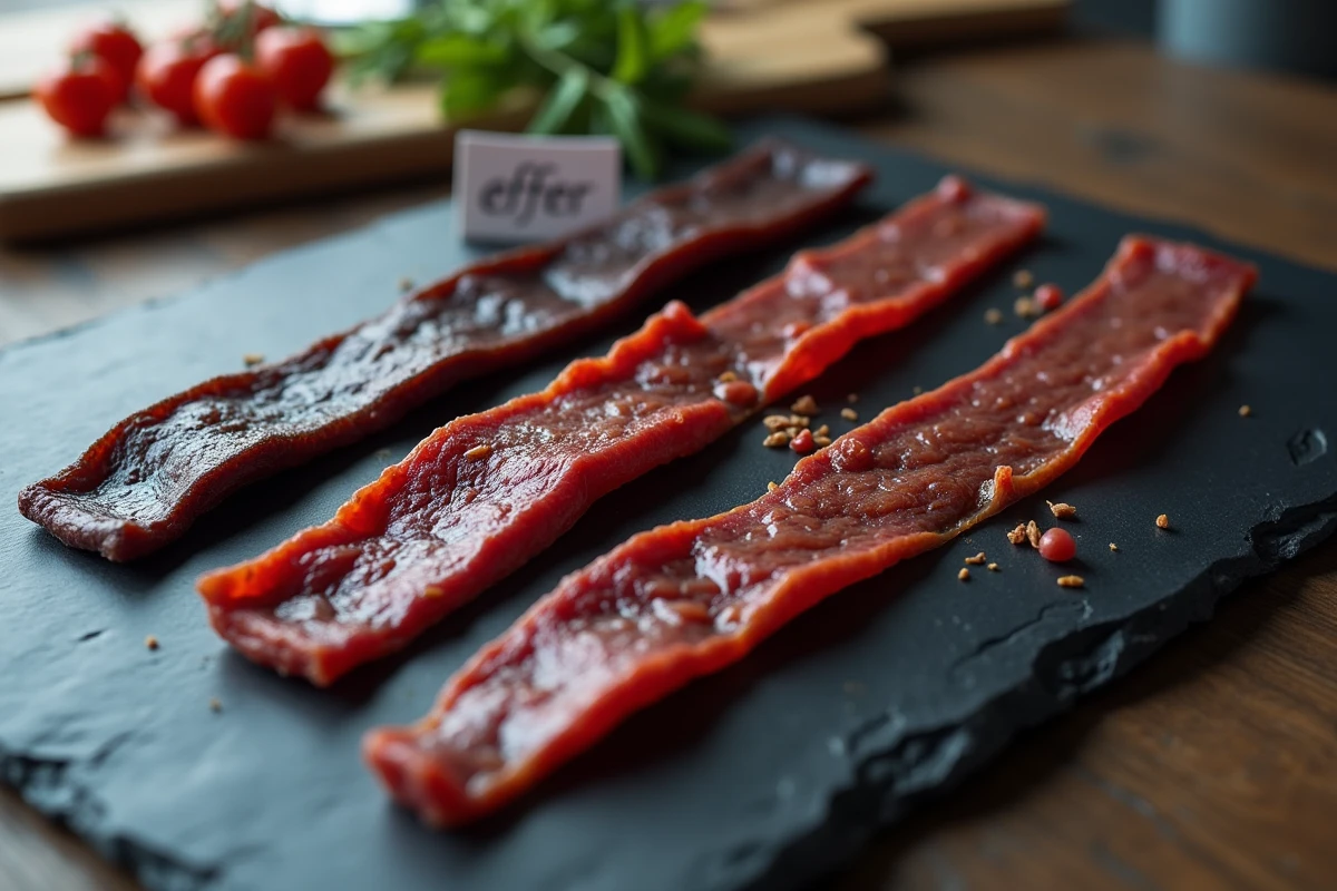 Comparaison de lanières de beef jerky réussies et ratées sur une ardoise illustrant les erreurs courantes de préparation