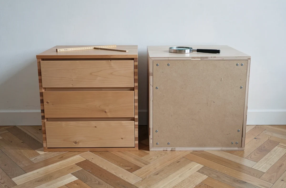 Comparaison de deux commodes en bois de qualités différentes côte à côte sur parquet, détails de fabrication So Cooc versus Ikea