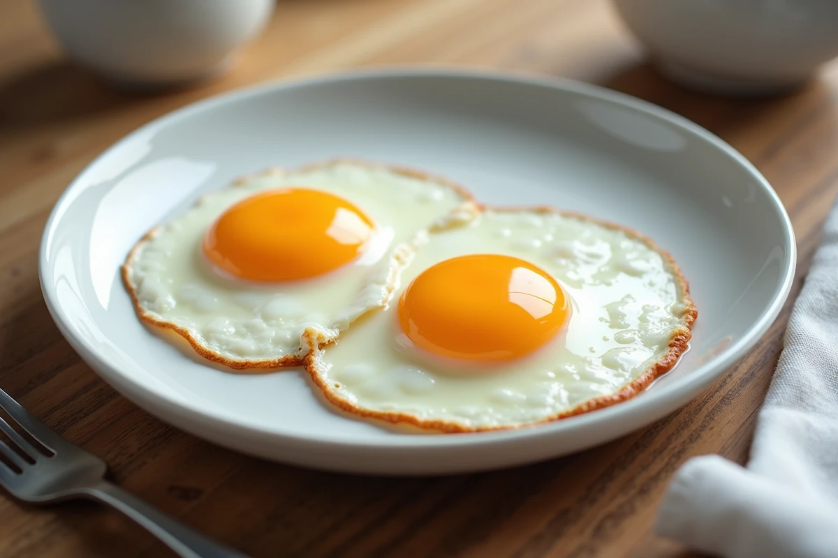 Comparaison d'un œuf au plat bien cuit et d'un œuf trop cuit sur assiette blanche, impact sur les protéines et la qualité nutritionnelle