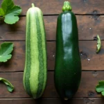 Concombre et courgette posés côte à côte sur une table en bois rustique, vue de dessus, permettant de comparer leurs textures et couleurs différentes