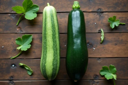 Concombre et courgette posés côte à côte sur une table en bois rustique, vue de dessus, permettant de comparer leurs textures et couleurs différentes