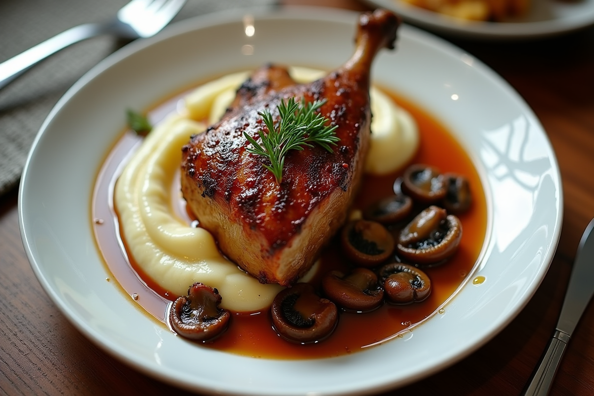 Confit de canard avec purée et champignons sauvages