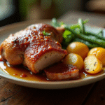 Confit de canard avec pommes de terre rôties et haricots verts