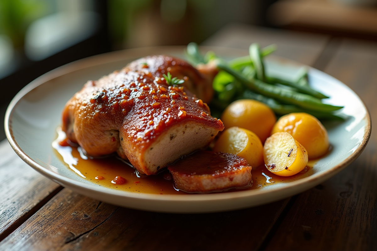 Confit de canard avec pommes de terre rôties et haricots verts