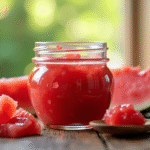 Confiture de melon maison dans un pot entourée de tranches de melon frais