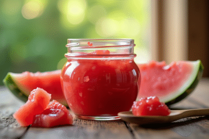 Confiture de melon maison dans un pot entourée de tranches de melon frais