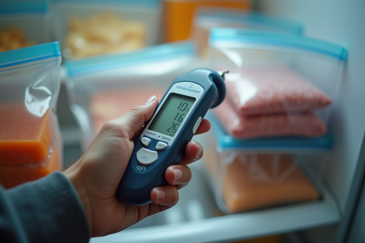 Main utilisant un thermomètre pour vérifier la température du congélateur