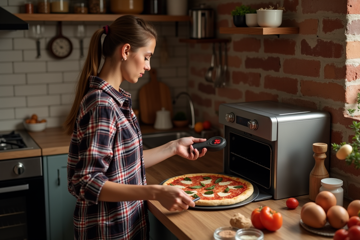 Jeune femme vérifiant la température de la pierre à pizza