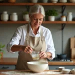 Femme versant 10 cl d'un liquide mesuré dans un bol en cuisine, avec une tasse graduée visible au premier plan