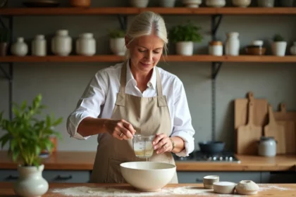 Femme versant 10 cl d'un liquide mesuré dans un bol en cuisine, avec une tasse graduée visible au premier plan