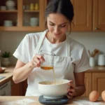 Cheffe cuisinière versant un liquide mesuré en centilitres dans un bol en verre avec une balance affichant 125g sur un comptoir en bois