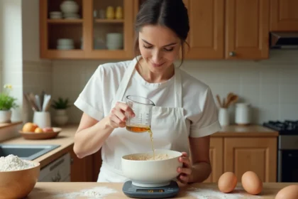 Cheffe cuisinière versant un liquide mesuré en centilitres dans un bol en verre avec une balance affichant 125g sur un comptoir en bois