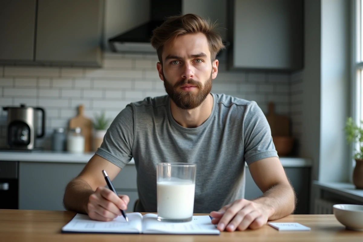 Jeune homme consultant un tableau de conversion grammes centilitres avec un verre doseur rempli de lait et des notes de calcul sur une table en bois