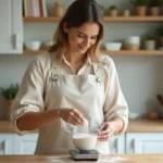 Femme mesurant de la farine avec une balance numérique et un verre doseur dans une cuisine moderne en bois clair