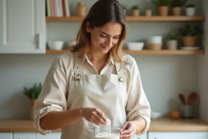 Femme mesurant de la farine avec une balance numérique et un verre doseur dans une cuisine moderne en bois clair
