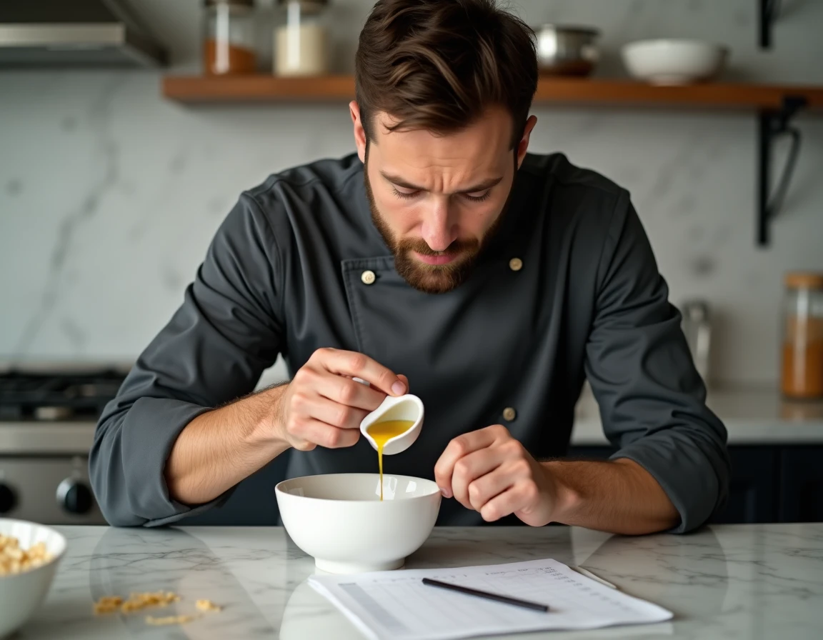Chef mesurant de l'huile d'olive avec un pichet doseur et une fiche de conversion manuscrite sur un plan de travail en marbre